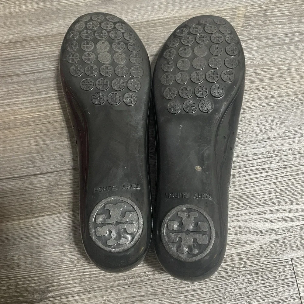 TORY BURCH Sz 10 Jelly Reva Ballet Flats Black Rubber Logo Shoes Travel Resort